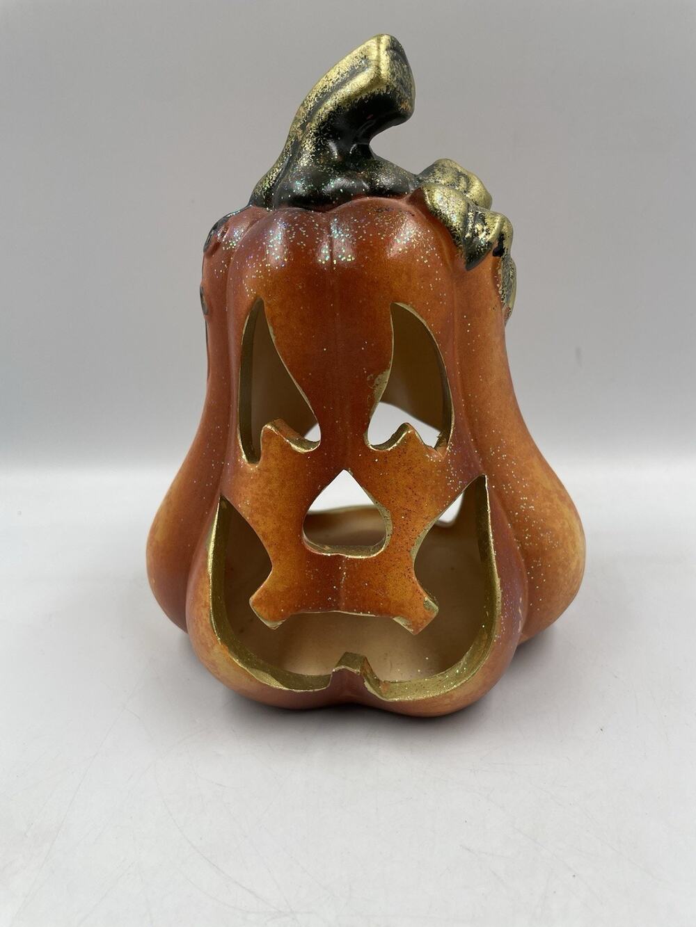 Vintage Ceramic Jack-O-Lantern Glittery Pumpkin Halloween Decor Tea Light